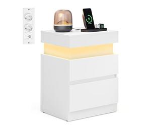 VASAGLE Kailyn Collection - Table de Chevet, avec Multiprise, Couvercle Coulissant, 2 Tiroirs, Bande LED, Petite Table d’Appoint, Style Moderne, 35 x 40 x 55 cm, Blanc Neige LET640WB01