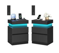 VASAGLE Kailyn Collection - Table de Chevet, Lot de 2, avec Multiprise, Couvercle Coulissant, 2 Tiroirs, Bande LED, Petite Table d’Appoint, Style Moderne, 35 x 40 x 55 cm, Noir d'encre LET840BC01