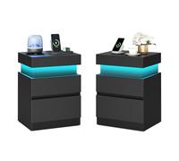 VASAGLE Kailyn Collection - Table de Chevet, Lot de 2, avec Multiprise, Couvercle Coulissant, 2 Tiroirs, Bande LED, Petite Table d’Appoint, Style Moderne, 35 x 40 x 55 cm, Noir d'encre LET840BC01