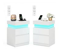 VASAGLE Kailyn Collection - Table de Chevet, Lot de 2, avec Multiprise, Couvercle Coulissant, 2 Tiroirs, Bande LED, Petite Table d’Appoint, Style Moderne, 35 x 40 x 55 cm, Blanc Neige LET840WB01