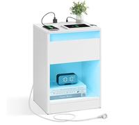 VASAGLE Kailyn Collection - Table de Nuit avec Multiprise, Table d’Appoint avec Lumières LED Réglables, Tiroir, 2 Prises, 2 Ports USB, Moderne, pour Chambre, Salon, Blanc Nuage LET618T15
