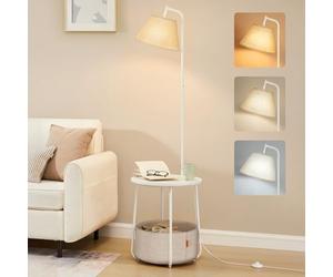 VASAGLE Lampadaire avec Table d’appoint, Lampe sur Pied 3-en-1, avec Table, Panier en Tissu, pour Salon, Ampoule LED Réglable Incluse, Abat-Jour Orientable, Structure en Acier, Blanc Mat LFL004WC04