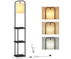 VASAGLE Lampadaire sur Pied, avec 3 Étagères, Lampe sur Pied, Ampoule LED Incluse, avec Interrupteur, Abat-Jour en Tissu, pour Salon, Chambre, Noir d'Encre LFL001BD02