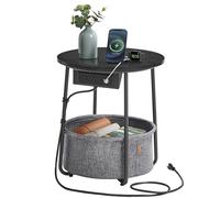 VASAGLE LILEA Collection - Table d'appoint avec Station de Charge, Table d'appoint Ronde avec Panier en Tissu, Table de Chevet avec Ports USB, pour Salon, Chambre à Coucher, Moderne, Noir ébène et