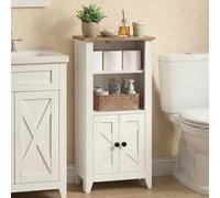 VASAGLE LIRY Collection - Armoire Salle de Bain Style Campagne, Meuble de Rangement Mince, avec Compartiments Ouverts, Portes, Blanc Rustique et Marron Miel BBK313W101