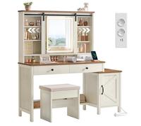 VASAGLE LIRY Collection - Coiffeuse avec Miroir et Éclairage, Style Ferme, avec Tabouret, Multiprise, 2 Tiroirs, Rangement pour Bijoux, Blanc Rustique et Marron Miel RDT136W01