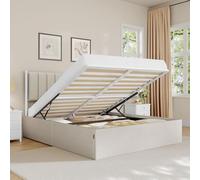VASAGLE Lit Coffre 160 x 200 cm, Cadre de Lit, 2 Personnes, Sommier Relevable, avec Rangement, Système Hydraulique, Moderne et Minimaliste, Montage Facile, Beige Cappuccino RMB615LH01