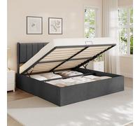 VASAGLE Lit Coffre 180 x 200 cm, Cadre de Lit, 2 Personnes, Sommier Relevable, avec Rangement, Système Hydraulique, Moderne et Minimaliste, Montage Facile, Gris Ardoise RMB618GN01