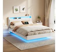 VASAGLE Lit Double, 140 x 200 cm, Effet Flottant, avec Éclairage LED, Tête de Lit Haute, Multiprise, Style Moderne, Blanc Nuage RMB864W01