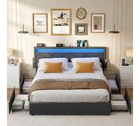 VASAGLE Lit Double, 160 x 200 cm, avec LED, 4 Tiroirs, Multiprise