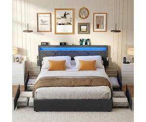 VASAGLE Lit Double, 160 x 200 cm, avec LED, en Métal, 4 Tiroirs, Multiprise, Tête de Lit Rembourrée Ajustable, Pas Besoin de Sommier, Gris Ardoise et Noir Mat RMB828G02