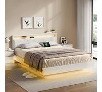 VASAGLE Lit Double, Cadre de Lit, 160 x 200 cm, Cadre Flottant avec Éclairage LED, Tête de Lit Haute, Multiprise, Style Moderne, Blanc Nuage RMB865W01