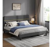 VASAGLE Lit Double, Cadre de Lit, Convient pour Un Matelas de 180 x 200 cm, Tête de Lit Rembourrée Ajustable, en Métal, Bois Massif, Moderne, Gris Ardoise RMB508G01V1