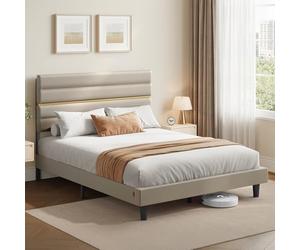 VASAGLE Lit Double, Tête de Lit Rembourrée Ajustable, 160 x 200 cm | Cadre de Lit Traditionnel Basique, Métal, Bois Massif, Beige cappuccino, Collection KACY RMB505LH01