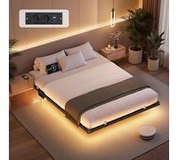 VASAGLE Lit Flottant 140 x 190 cm, avec Lumières LED, Station de Charge Amovible, 2 Prises CA, 1 Port Type-C, 1 Port USB-A, 1 Port USB-A à l’Arrière, Supporte Jusqu'à 500 kg, Noir d'encre RMB173B101