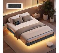 VASAGLE Lit Flottant 140 x 190 cm, Capitonnage Doux, Éclairage LED, Multiprise, 2 Prises CA, 1 Port USB-A, 1 Port Type-C, 1 Port USB-A à l’Arrière, Supporte Jusqu'à 500 kg, Gris Ardoise RMB163G101