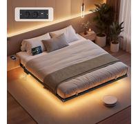 VASAGLE Lit Flottant 160 x 200 cm, avec Lumières LED, Station de Charge Amovible, 2 Prises CA, 1 Port Type-C, 1 Port USB-A, 1 Port USB-A à l’Arrière, Supporte Jusqu'à 500 kg, Noir d'encre RMB175B101