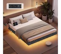 VASAGLE Lit Flottant 160 x 200 cm, Capitonnage Doux, Éclairage LED, Multiprise, 2 Prises CA, 1 Port USB-A, 1 Port Type-C, 1 Port USB-A à l’Arrière, Supporte Jusqu'à 500 kg, Gris Ardoise RMB165G101