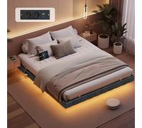 VASAGLE Lit Flottant 180 x 200 cm, Capitonnage Doux, Éclairage LED, Multiprise, 2 Prises CA, 1 Port USB-A, 1 Port Type-C, 1 Port USB-A à l’Arrière, Supporte Jusqu'à 500 kg, Gris Ardoise RMB168G101