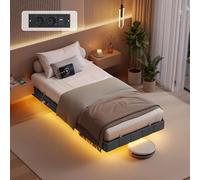 VASAGLE Lit Flottant 90 x 190 cm, Capitonnage Doux, Éclairage LED | Multiprise, 2 Prises CA, 2 Ports USB-A, 1 Port Type-C, Supporte Jusqu'à 250 kg, Gris ardoise, Collection KACY RMB161G101