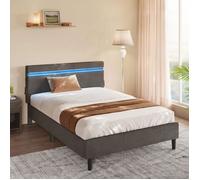 VASAGLE Lit Simple en Métal, 140 x 190 cm, Cadre de Lit, Tête de Lit Rembourré, Éclairage LED, Prise Port USB et Type-C, Gris Foncé