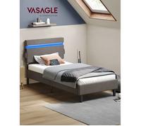 VASAGLE Lit Simple en Métal, 90 x 190 cm, Cadre de Lit, Tête de Lit Réglable, Éclairage LED, Prise Port USB et Type-C, Gris Foncé