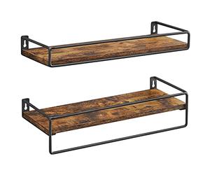 VASAGLE Lot de 2 Étagères Murales avec Tringle, Tablettes Suspendues | Rangements Flottants, Cuisine, Chambre, Salon, Marron Rustique et Noir d'Encre, Collection COLEX LWS441B01