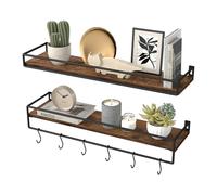 VASAGLE Lot de 2 Étagères Murales, Tablettes Suspendues avec Tringle, Rangements Flottants, Cuisine, Chambre, Salon, Marron Rustique et Noir d'encre LWS461KD01