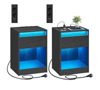 VASAGLE Lot de 2 Kailyn Collection - Table de Nuit avec Multiprise, Table d’Appoint avec Lumières LED Réglables, Tiroir, 2 Prises, 2 Ports USB, Moderne, pour Chambre, Salon, Noir Cendré LET918T22