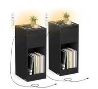 VASAGLE Lot de 2, Table de Chevet Étroite, Table d’Appoint, avec Éclairage LED, 1 Port USB-A, 1 Port USB-C, Tiroirs et Compartiments Ouverts, pour Chambre, Salon, Noir Boisé LET710B01