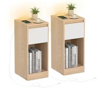 VASAGLE Table de Chevet Étroite, Table d’Appoint, avec Éclairage LED, 1 Port USB-A, 1 Port USB-C, Tiroir et Compartiment Ouvert, pour Chambre, Salon, Jaune Amande et Blanc Nuage LET610Y01