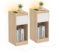 VASAGLE Lot de 2, Table de Chevet Étroite, Table d’Appoint, avec Éclairage LED, 1 Port USB-A, 1 Port USB-C, Tiroirs et Compartiments Ouverts, pour Chambre, Salon, Jaune Amande et Blanc Nuage LET710Y01