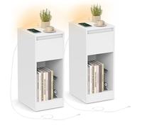 VASAGLE Lot de 2, Table de Chevet Étroite, Table d’Appoint, avec Éclairage LED, 1 Port USB-A, 1 Port USB-C, Tiroirs et Compartiments Ouverts, pour Chambre, Salon, Blanc Nuage LET710W01