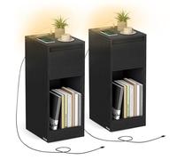 VASAGLE Lot de 2, Table de Chevet Étroite, Table d’Appoint, avec Éclairage LED, 1 Port USB-A, 1 Port USB-C, Tiroirs et Compartiments Ouverts, pour Chambre, Salon, Noir Boisé LET710B01