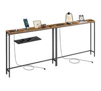 VASAGLE Lot de 2 Tables Consoles avec Multiprise, Bouts de canapé, 15 x 100 x 80 cm, 2 Crochets, Montage Facile, pour Entrée, Salon, Marron Rustique et Noir d'encre ZH2505004