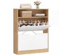 VASAGLE Meuble à Chaussures, Compartiment Ouvert, Séparateur Réglable, 2 Portes Battantes, 24 x 80 x 102 cm, 14 à 16 Paires, pour Petite Entrée, Doré Chêne et Blanc Nuage LBC048YA02