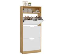 VASAGLE Meuble à Chaussures, Étagère à Chaussures, Compartiment Ouvert, Séparateur Réglable, 3 Portes Battantes, 24 x 60 x 139 cm, 15 à 18 Paires, Doré Chêne et Blanc Nuage LBC046YA02