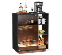 VASAGLE Meuble Bar à Vin avec Éclairage, Buffet avec LED, Rangement pour Vin, Meuble de Bar pour Spiritueux, avec Porte-Verre, Porte en Verre Cannelé, pour Salon, Noir Boisé BBK361B21
