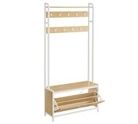 VASAGLE Meuble d’Entrée avec Banc, 9 Crochets et Étagère, Porte-Manteaux, Vestiaire, pour Couloir, Chambre, Style Moderne, Couleur Chêne et Blanc HSR405W09