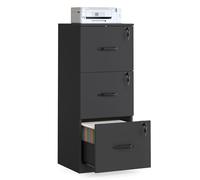 VASAGLE Meuble de Bureau, Meuble de Rangement, Support pour Imprimante, avec 3 Tiroirs Verrouillables, Tringles Réglables, Compatible avec Formats A4, Noir d'encre OFC055B16