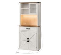VASAGLE Meuble de Rangement avec Lumières et Chargeur, Placard de Cuisine, avec Portes et Tiroirs, 39,5 x 80,4 x 180,6 cm, Étagères Réglables, Style Campagne, Blanc Rustique et Marron Miel BBK363W22V1