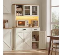 VASAGLE Meuble de Rangement avec Lumières et Chargeur, Placard de Cuisine, avec Portes et Tiroirs, 39,5 x 106,5 x 180,6 cm, Étagères Réglables, Style Campagne, Blanc Rustique et Marron Miel BBK391W02