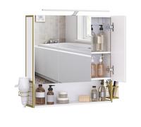 VASAGLE Meuble de Salle de Bain avec Éclairage LED, 14,5 x 70 x 70 cm, Prise, Panier Suspendu, Support pour Sèche-cheveux, pour Salle de Bain, Lavabo, Blanc Nuage et Doré Verdâtre BBK124A10