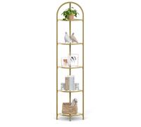 VASAGLE Meuble Étagère d'angle à 5 Niveaux, Cadre en Métal, Étagère de Rangement en Verre Trempé, Antirouille, Moderne, Doré