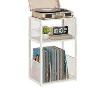 VASAGLE Meuble pour Tourne-Disque, Table d'Appoint sur 3 Niveaux, Rangement Vinyle jusqu'à 100 Albums, Bout de Canapé pour Salon, Chambre, Blanc Rustique LET275W01