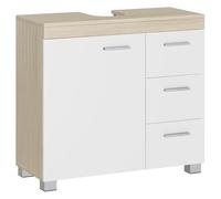 VASAGLE Meuble sous lavabo, Meuble de Salle de Bain, 3 Tiroirs Latéraux, 2 Cases derrière la Porte, pour Lavabos sur Colonne, avec Pieds, 30 x 70 x 64 cm, Blanc Nuage et Beige Naturel BBK504K01
