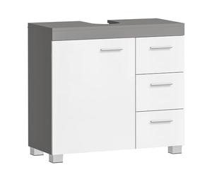 VASAGLE Meuble sous Lavabo, Meuble de Salle de Bain, 3 Tiroirs Latéraux, 2 Compartiments Derrière la Porte, avec Pieds, 30 x 70 x 64 cm, Gris Ciment et Blanc Nuage BBK503T49