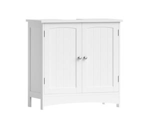 VASAGLE Meuble sous lavabo, Meuble de salle de bain, Placard de rangement, 2 portes battantes, 1 étagère réglable, espace de rangement, sur pied, style cottage, Blanc BBC01WT