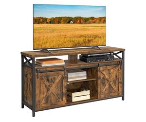 VASAGLE Meuble TV, Support pour Téléviseur Jusqu’à 65 Pouces, avec Étagères Réglables, Portes Imitation Grange, Style Rustique, Cadre en Métal, Marron Rustique et Noir LTV071B01