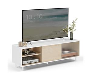 VASAGLE Montage Rapide sans Outils, Meuble TV pour TV Jusqu’à 60 Pouces, Meuble TV pour Salon, Banc TV, Verre Cannelé, Moderne, 140 x 39 x 45 cm, Blanc Nuage et Beige Naturel LTV466W01